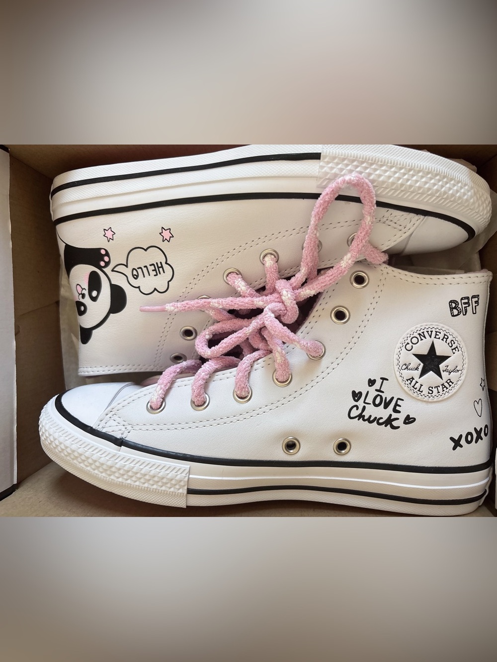 Converse Kids White High Top Sneakers with Pink Laces and Cute Graphics